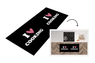 Keukenloper - Loper keuken - I love cooking - Quotes - Koken - Hartje - Roze - Spreuken - Keuken - 120x50 cm - Keukenloper vinyl