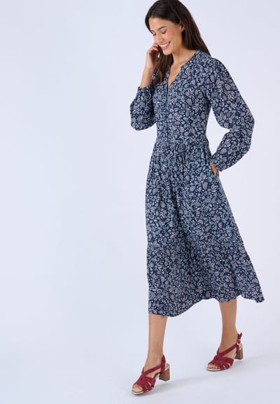 Damart - Lange jurk zuivere viscose reliëf - Dames - Blauw - 50