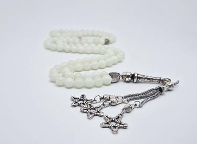 Handgemaakte tesbih "Tasbih" natuursteen "Maan licht" - Aantal kralen 99 - Diameter kralen 8MM - met metaal tassel "Grote sterren" - Een mooi cadeau-idee