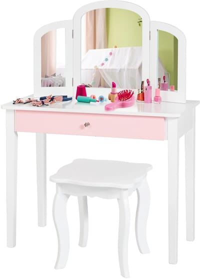 COSTWAY Kinderen kaptafel, meisjes kaptafel set met drievoudig spiegel & grote lade, 2 in 1 afneembaar ontwerp, stijlvolle prinses make-up tafel en kruk (Wit)