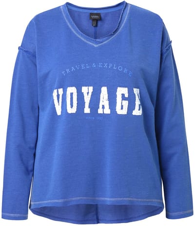 Ulla Popken - Dames - Sweatshirt pailletten V-hals lange mouw rolranden - Inktblauw - Maat 42+