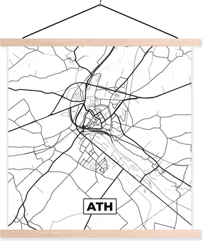Posterhanger incl. Poster 40x40 cm - Schoolplaat - Stadskaart – Plattegrond – België – Zwart Wit – Ath – Kaart - Textielposter - Blanke latten - Stadskaart