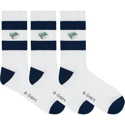 A-DAM  3-pack Crew Socks Navy Stripes Good News White Maat: 36-40 | Slipjes Outlet | Unisex | Wit