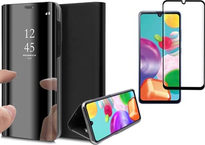 Hoesje geschikt voor Samsung Galaxy A41 - Screen Protector FullGuard - Book Case Spiegel Zwart & Screenprotector