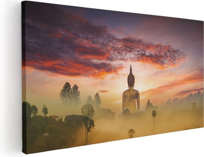 Artaza Canvas Schilderij Boeddha - 40x20 cm - Klein - Wanddecoratie Zonsondergang - Muurdecoratie Spiritueel - Schilderijen Op Canvas Thailand
