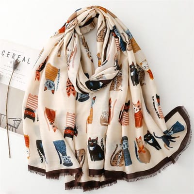 Automne Joli Animal Motif Chat Coton Viscose Châles Dame Haute Qualité Doux Enveloppement Pashmina Étole Bufandas Hijab Musulman 180*90Cm beige