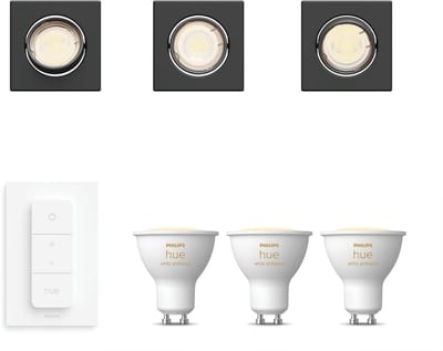 Philips Hue Peridot Set van 3 Inbouwspots (Zwart) - Vierkant - Richtbaar - GU10 - Warm tot Koelwit Licht - Incl. Hue Dimmer Switch - Hue White Ambiance