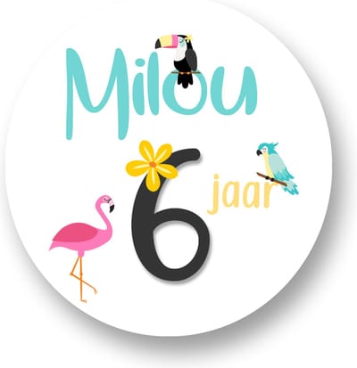 Traktatie Stickers Met Naam en Leeftijd - Tropical - Gepersonaliseerd - Sluitstickers - Kinderfeest Traktatie - Uitdelen - Uitdeeltraktatie - Traktatiestickers Pimp Studio