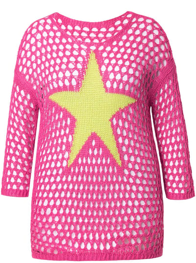 Angel of Style - Dames - Trui relaxed fit grof breisel ster 3/4-mouwen - Hibiscusrood - Maat 54