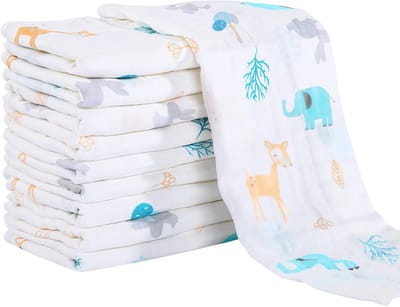 Chiffon Baby Slaapzak Set van 10 - 27 x 50 cm Vierkant Zacht voor Gevoelige Huid van Pasgeborenen met Olifant Motief
