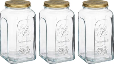 Pasabahce Voorraadpot/bewaarpot Square - 3x - glas - 3L - transparant/goud - D13 x H25 cm - voedsel bewaren