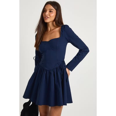 boohoo Dames Mini-jurk in skaterstijl met lange mouwen en een strik in de taille | Navy | Maat: 8