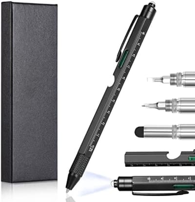 PromoHome 9-in-1 Multifunctionele Balpen - Multitool Pen met Waterpas, Schaal, Schroevendraaiers, LED Licht en Touchpen - Perfect Cadeau voor Mannen - Donkergrijs