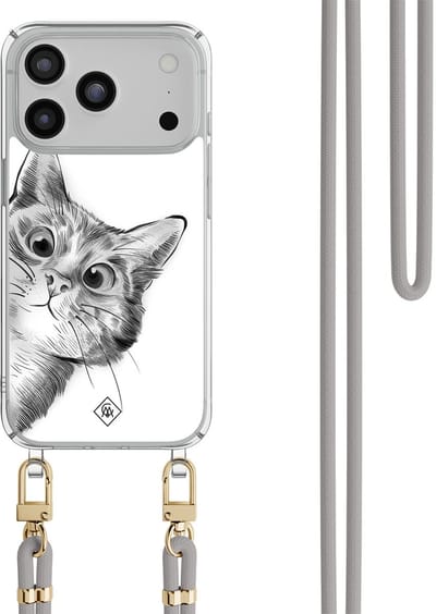Casimoda® hoesje met grijs koord - Geschikt voor iPhone 17 Pro - Peekaboo Kat - Afneembaar koord - TPU/polycarbonaat - Grijs