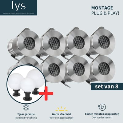Bodin Grondspots Complete Set van 8 tuinspots - Tuinverlichting -''Buitenverlichting zonder gedoe'' - Binnen minuten aangesloten - Milieuvriendelijk Alternatief voor Zonne-energie Tuinverlichting