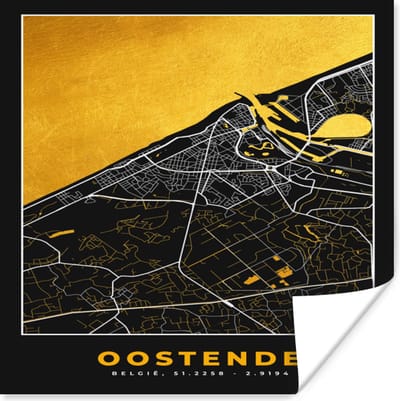 Poster Stadskaart - Oostende - Plattegrond - Goud - Kaart - 100x100 cm XXL