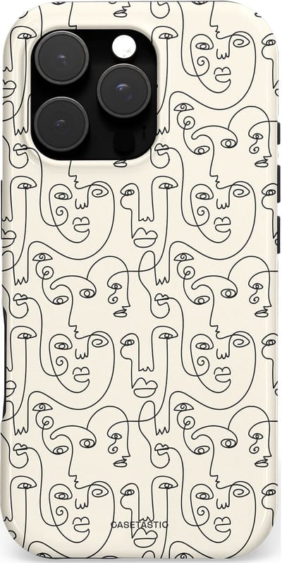 Casetastic hoesje geschikt voor Apple iPhone 16 Pro - MagSafe - Dubbellaagse bescherming - Art Deco Creme Abstractie Lijntekening Gezichten - Fashion Case - Zilver Crème Wit