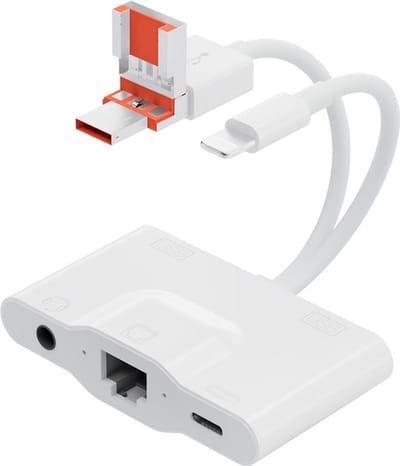 8-Pin + USB + USB-C naar USB-C + Ethernet (RJ45) + 3.5mm jack AUX + 2X USB - kaartlezer adapter kabel - Internet - geschikt voor o.a. iPhone en Laptop - wit