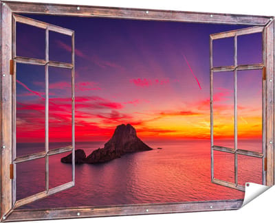 Gards Tuinposter Doorkijk Ibiza Rotsen Eiland bij Zonsondergang - 180x120 cm - Tuindoek - Tuindecoratie - Wanddecoratie buiten - Tuinschilderij