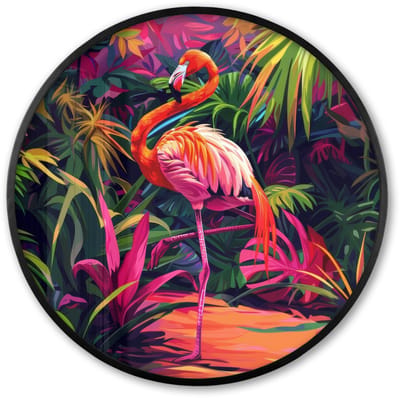 Poster in lijst Rond - Fotolijst 60x60 cm - Posters - Flamingo - Tropisch - Dier - Bladeren - Ronde posterlijst zwart - Decoratie - Wanddecoratie woonkamer - Muurdecoratie slaapkamer