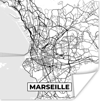 Poster Kaart - Plattegrond - Marseille - Frankrijk - Stadskaart - Zwart wit - 100x100 cm XXL