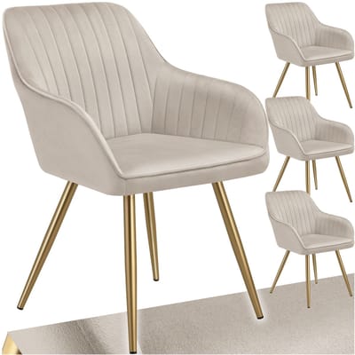 tectake® Eetkamerstoelen Marilyn - Set van 4 - Gestoffeerde Stoel in Fluweellook - Doorgestikt - Zwarte Stoelpoten - Ergonomische Keukenstoel - Doorlopende Rugleuning en Armleuningen - Stoel voor Woonkamer, Eetkamer, Slaapkamer - Taupe