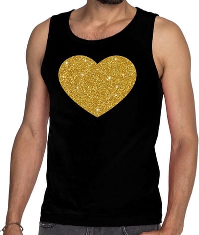 Gouden hart glitter tanktop / mouwloos shirt zwart heren - heren singlet Gouden hart S