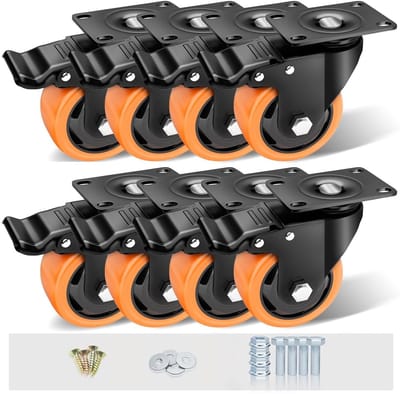 Set Zwenkwielen - Industriële Wielen - Verplaatsen van Zware Lasten - Dubbele Rem Vergrendeling - 8 Stuks 3 Inch - Oranje