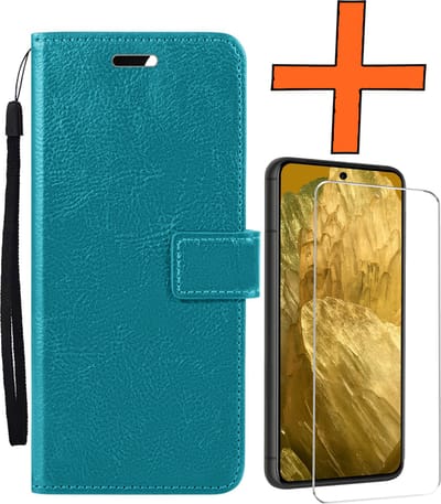 Hoes - Met Screenprotector - Geschikt voor Google Pixel 8a - Luxe Pasjeshouder - Bookcase Portemonee - Flip Case - Kunstleer Book Case - Flipcase - Book Cover - Walletcase - PortemonneeHoes - Turquoise