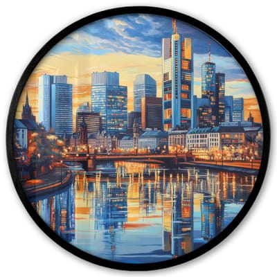 Poster in lijst Rond - Fotolijst 40x40 cm - Posters - Zonsondergang Frankfurt - Stad - Skyline - Water - Ronde posterlijst zwart - Decoratie - Wanddecoratie woonkamer - Muurdecoratie slaapkamer