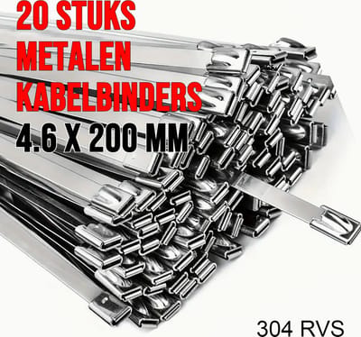 Allernieuwste.nl® 20 STUKS RVS 304 Metalen Kabelbinders 4.6 x 200 mm - Trekkracht 90 kg - Weerbestendig %%