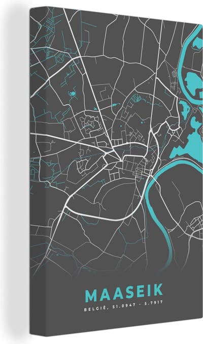 Canvas Schilderij Plattegrond – Maaseik – Blauw – Stadskaart - Kaart - 20x30 cm - Wanddecoratie