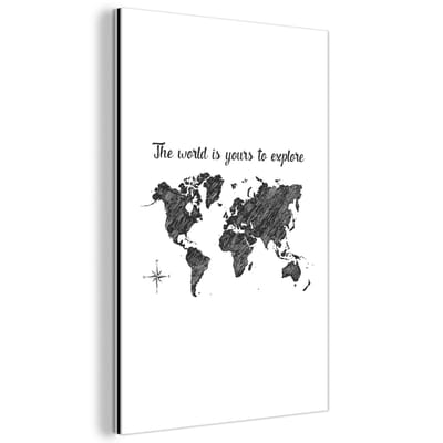 Aluminium schilderij 120x180 cm - Wanddecoratie metaal - Wereldkaart - Quotes - Zwart - Wit - Metalen muurdecoratie woonkamer - Decoratie industrieel - Foto op dibond - Industriële accessoires slaapkamer