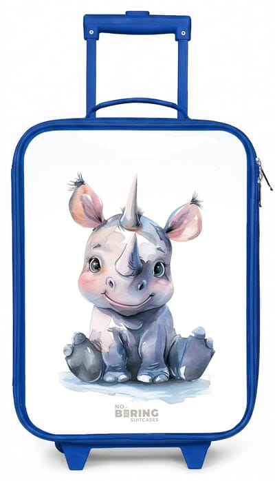 NoBoringSuitcases.com® - Kinderkoffer blauw - Kindertrolley jongen - Baby neushoorn - Koffer kind lichtgewicht - Reiskoffer trolley voor kinderen - Koffertje met lichtgevende wieltjes - Rolkoffer