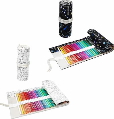 Potlood etui - Pennenrol tas - Kunst benodigdheden - 36 gaten - 2 stuks - Zwart en wit