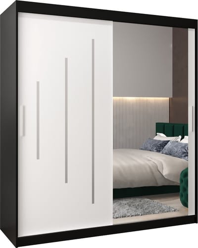 InspireMe - Kledingkast met 2 schuifdeuren, Modern-stijl, Een kledingkast met planken en een spiegel (BxHxD): 180x200x62 - MALTESE II 180 Zwart Mat + Wit Mat