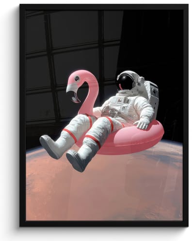 Poster in lijst - Fotolijst 60x80 cm - Posters - Astronaut - Flamingo - Zwemband - Roze - Posterlijst zwart - Decoratie - Wanddecoratie woonkamer - Muurdecoratie slaapkamer
