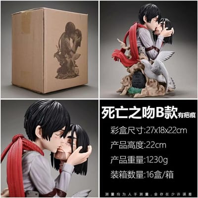 Attack on Titan - The Death Kiss en Mikasa Ackerman Knuffel Dubbele Standbeeld Figuur Set Kamer en Bureau Ornament Anime Cadeau gray
