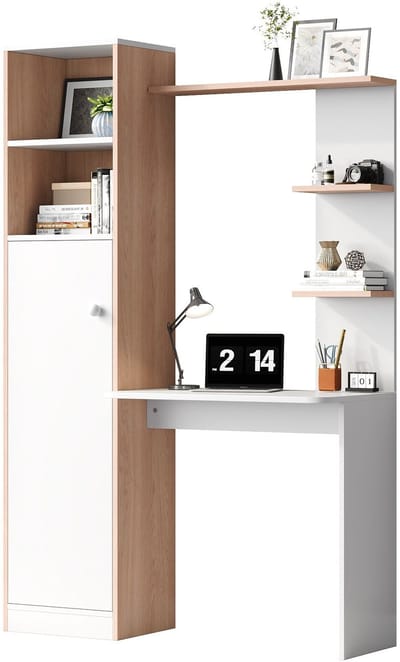 Merax Bureau met Opbergruimte – Wit met Houtaccent – Compact Computerbureau met Kast en Open Planken – Modern Design voor Kantoor of Homeoffice – 123,5×45×168,5 cm