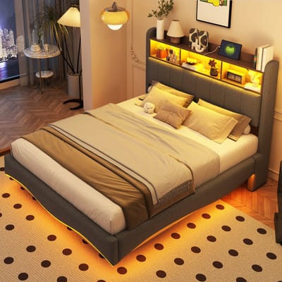 DESMIU Gestoffeerd Zwevend Bed 140x200cm - Ledverlichting, Usb- En Type C Oplaadpoorten, Hoofdbordopbergruimte - Grijs - Zonder Matras