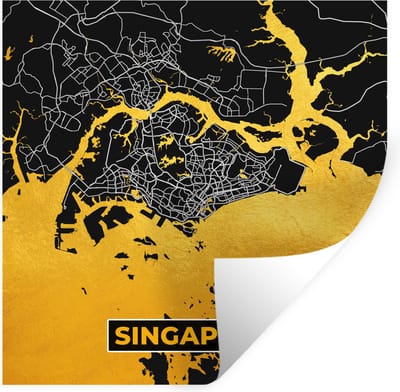Muurstickers - Sticker Folie - Singapore - Goud - Plattegrond - Stadskaart - Kaart - 100x100 cm - Plakfolie - Muurstickers Kinderkamer - Zelfklevend Behang XXL - Zelfklevend behangpapier - Stickerfolie