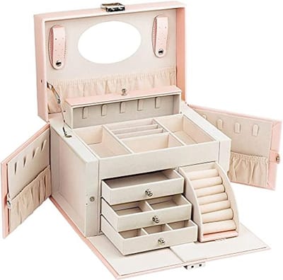 Sieraden doos met spiegel, handvat en slot voor op reis – 4 niveaus met 3 lades, cadeau-idee voor vrouwen, roze, 26 x 18 x 18 cm