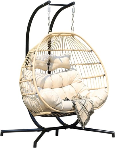 Ogarden Hangstoel Alta - 2 Persoons Hangstoel met Zwart Standaard - Beige Kussen - Opvouwbare Basket - Voor Binnen & Buiten