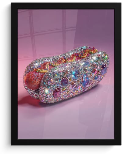 Poster in lijst - Fotolijst 30x40 cm - Posters - Hotdog - Steentjes - Glitters - Paars - Posterlijst zwart - Decoratie - Wanddecoratie woonkamer - Muurdecoratie slaapkamer