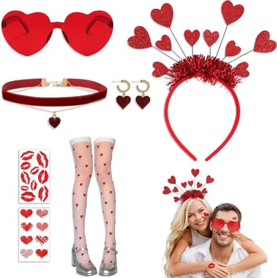 Vrouwelijk Cupido Kostuum met 7 Accessoires, Rood Hart Haarband, Hartbril, Sokken, Ketting en Oorbellen voor Valentijnsdag en Carnaval Feestjes