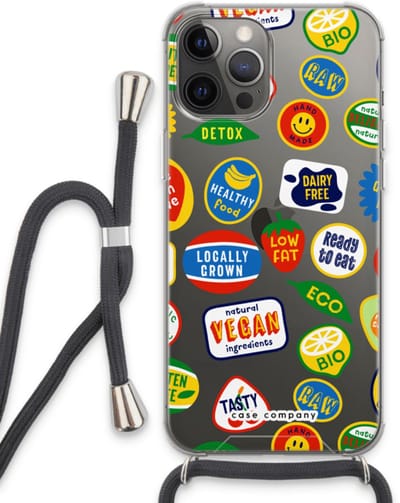 Case Company® - Hoesje met koord geschikt voor iPhone 13 Pro Max hoesje met Koord - Fruitsticker - Telefoonhoesje met Zwart Koord - Bescherming aan alle Kanten en Over de Schermrand