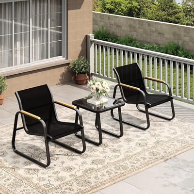 3-delige tuinset – 2 fauteuils en 1 salontafel – Duurzaam staal, moderne loungestijl – Zitting van zwart gaas, gemakkelijk schoon te maken – Armleuningen met bruin houtlook – Glazen tafelblad