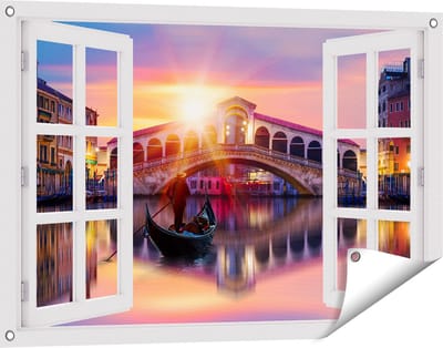 Gards Tuinposter Doorkijk Gondel bij de Rialtobrug in Venetië, Italië - 90x60 cm - Tuindoek - Tuindecoratie - Wanddecoratie buiten - Tuinschilderij