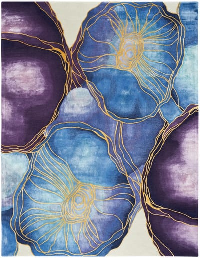 Nourison Prismatic Blue Gold PRS32 Vloerkleed - 114 x 175 cm - Blauw - Rechthoekig - Wol, Luxcelle - Eetkamer, Woonkamer - Bloemen, Abstract - Design, Eclectisch, Modern