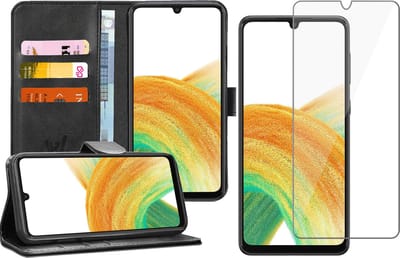 Hoesje geschikt voor Samsung Galaxy A33 - Book Case Kunstleer Wallet Cover Portemonnee Pasjeshouder Hoes Zwart - Tempered Glass Screenprotector